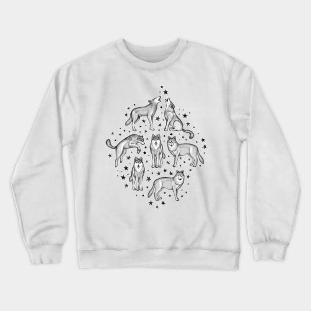 Wolves and Stars on White Crewneck Sweatshirt by micklyn